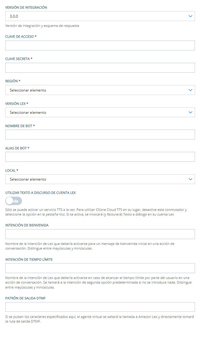 Página de configuración para agregar un bot Amazon Lex V1 a Centro de agente virtual de CXone