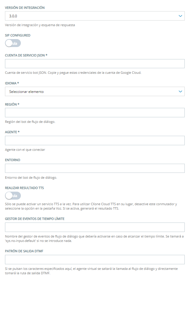 Página de configuración para agregar un agente virtual Google Dialogflow CX a Centro de agente virtual de CXone.