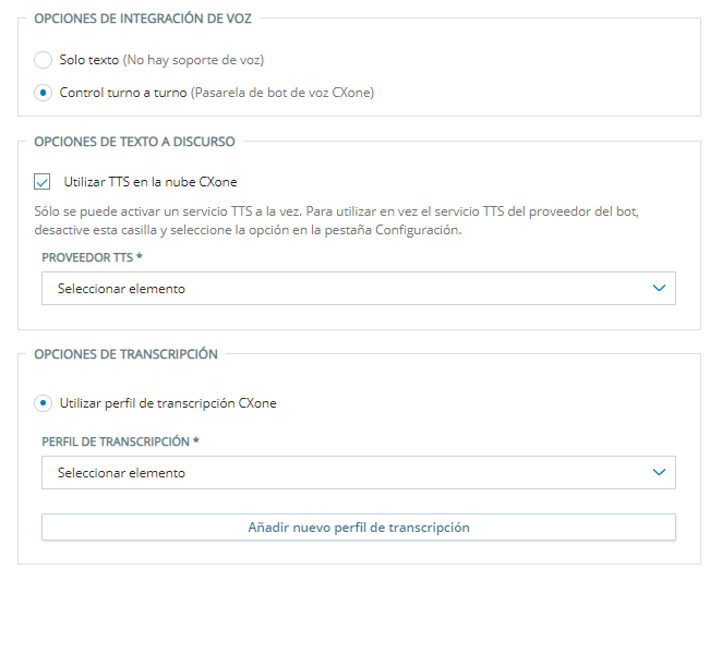 La página Voz en el asistente de configuración en Centro de Agente Virtual.