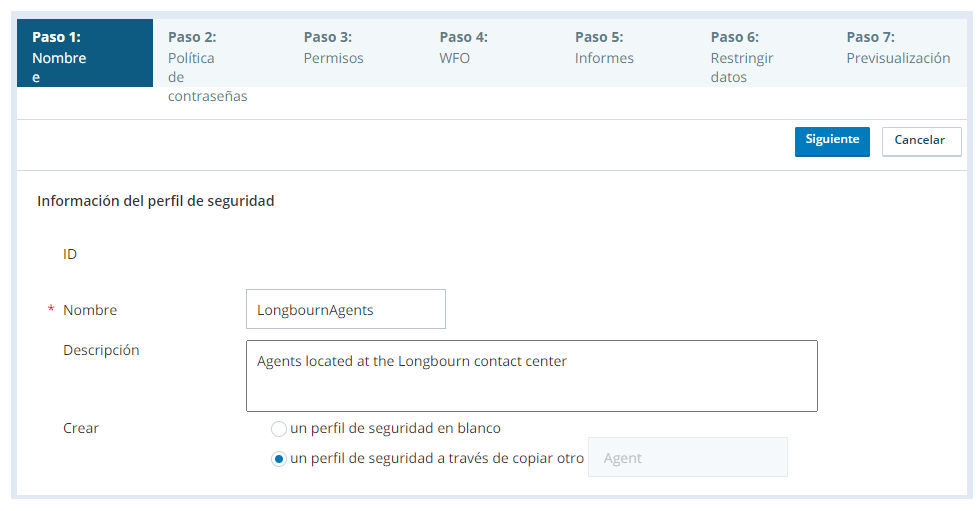 Captura de pantalla de la página Nombre e información de creación del perfil de seguridad, configurada para una copia de un perfil de seguridad del sistema