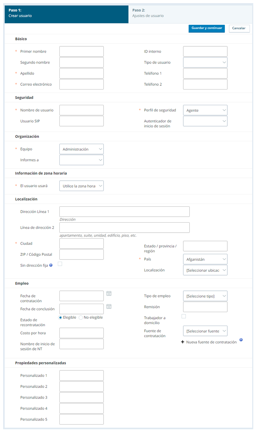 Captura de pantalla del formulario de creación de usuarios de Central