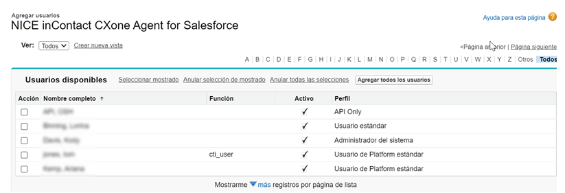 Lista de usuarios en Administrar licencias para NICE inContact CXone Agent for Salesforce.