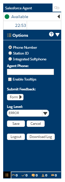 La pantalla Opciones en Agent for Salesforce. Cambiar al número de teléfono, ID de estación o Softphone integrado; enviar comentarios; y cerrar sesión.