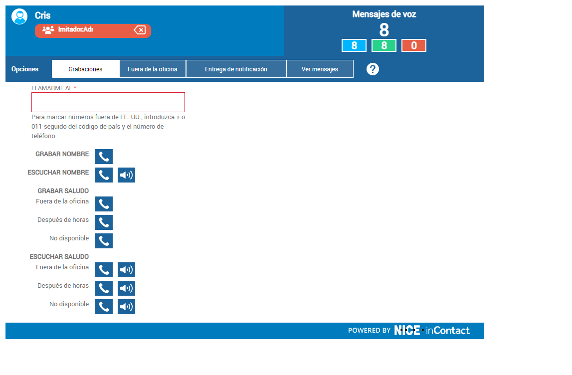 El Asistente CXone portal web muestra que un administrador se está haciendo pasar por el usuario que inició sesión.