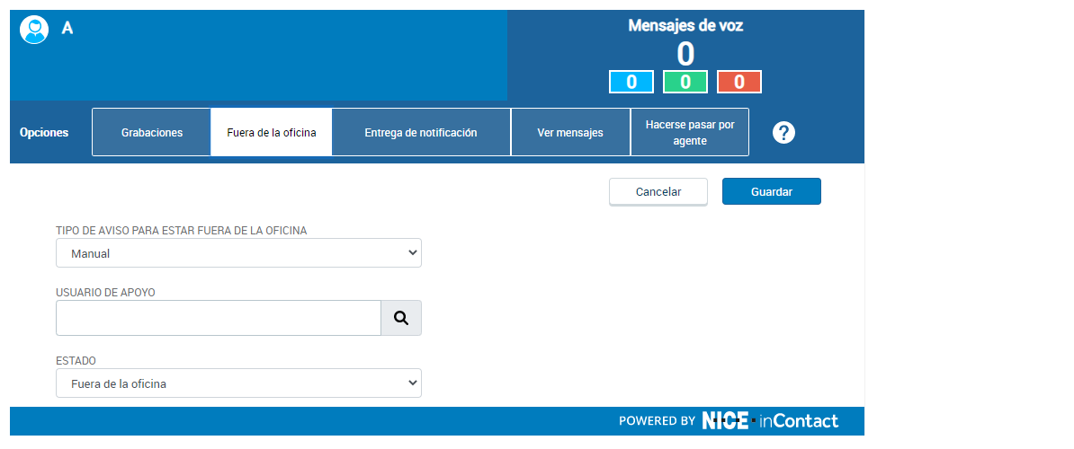 La pestaña Fuera de la oficina, donde puede establecer su estado en Fuera de la oficina y especificar un rango de fechas para su ausencia, y elegir un usuario de respaldo para recibir sus llamadas mientras está fuera de la oficina.