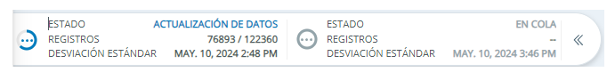 Panel que muestra el estatus, los números de registro y el tiempo de inicio de un reproceso actual.