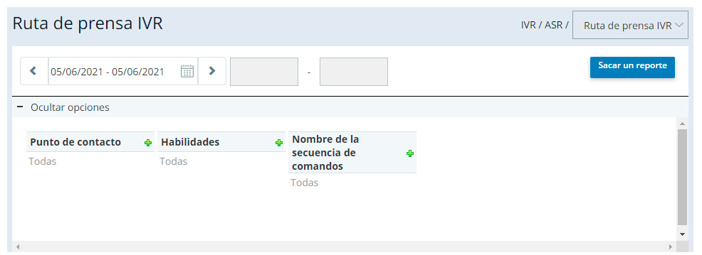 Captura de pantalla de Ruta de Prensa Informe de IVR, con un selector de rango de fecha, opciones para seleccionar puntos de contacto, habilidades y nombres de scripts, y un botón Ejecutar informe.