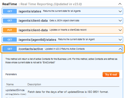 La lista de puntos finales disponibles en la sección RealTime de la API de Datos en Tiempo Real.