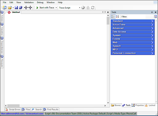 Imagen que muestra dos grupos de paneles anclados en los lados inferior e izquierdo de la interfaz de usuario de Studio.