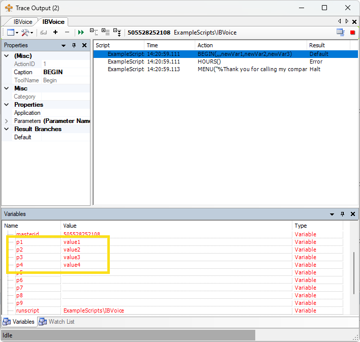 El seguimiento de scripts que muestra las variables en la acción INICIAR.