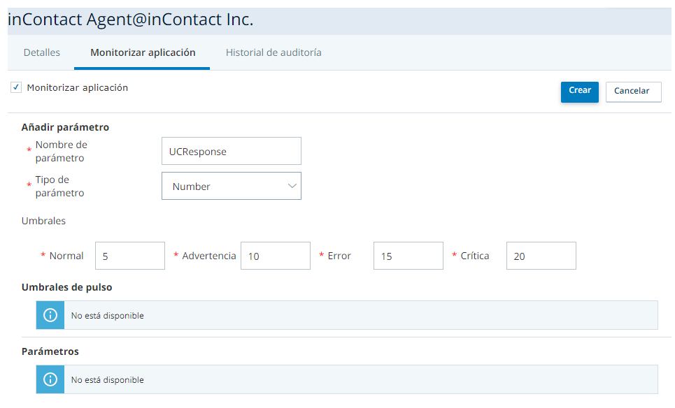 Imagen del formulario de creación de parámetros en la pestaña Aplicación del monitor de la aplicación API externa