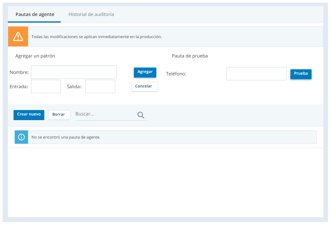 Captura de pantalla que muestra cómo crear patrones de agente