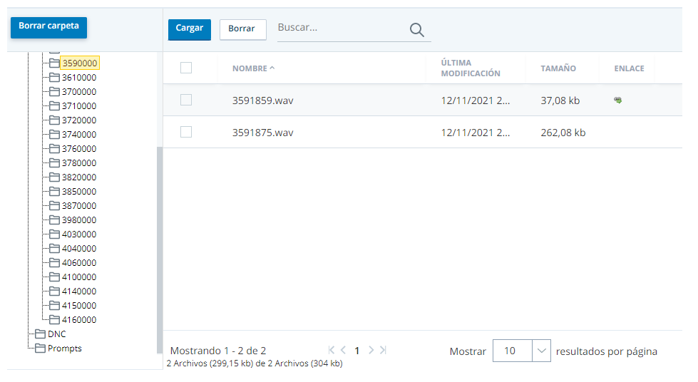 La página Buscar archivos ACD, que muestra una carpeta de registro de llamadas con dos archivos WAV de grabación de llamadas.