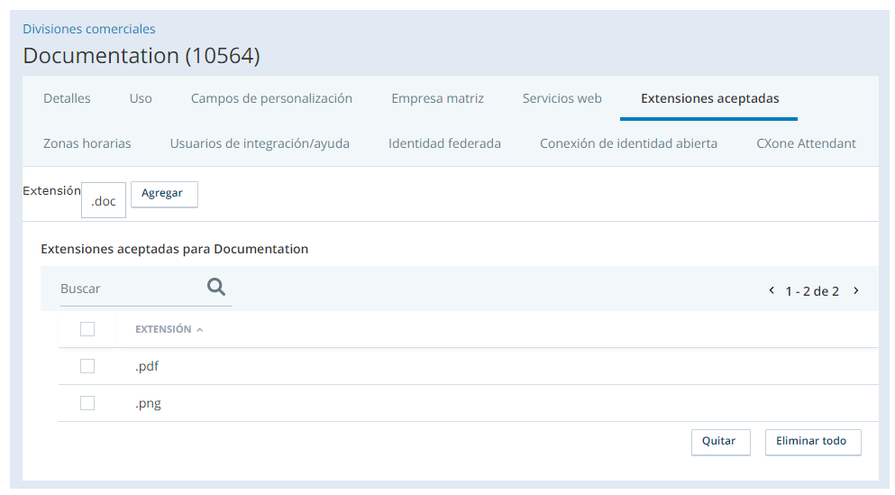 Captura de pantalla de la pestaña Extensiones aceptadas de la unidad de negocio