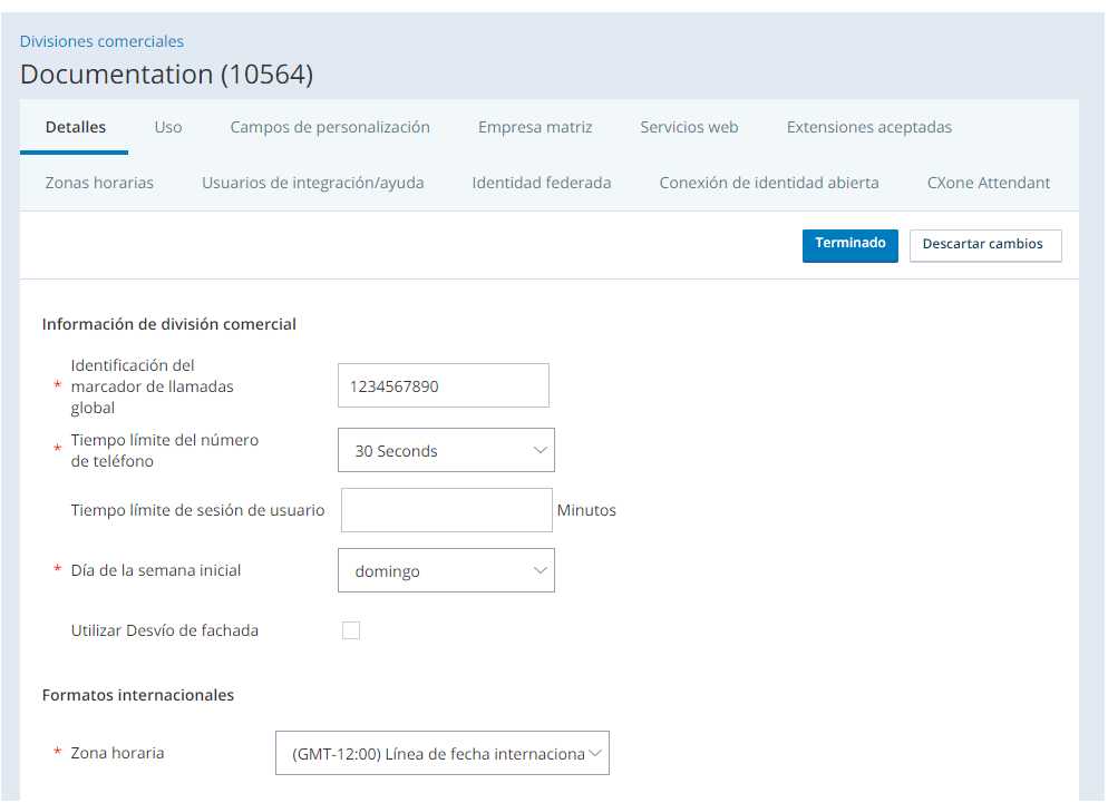 Captura de pantalla de las secciones Información de la unidad de negocio y Formatos internacionales de la pestaña Detalles de la unidad de negocio