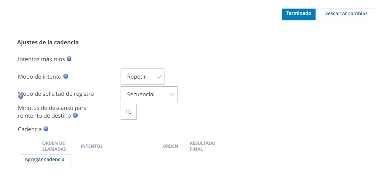 Captura de pantalla de la configuración de cadencia de habilidades de CXone PC con varios números de teléfono en el orden de llamada