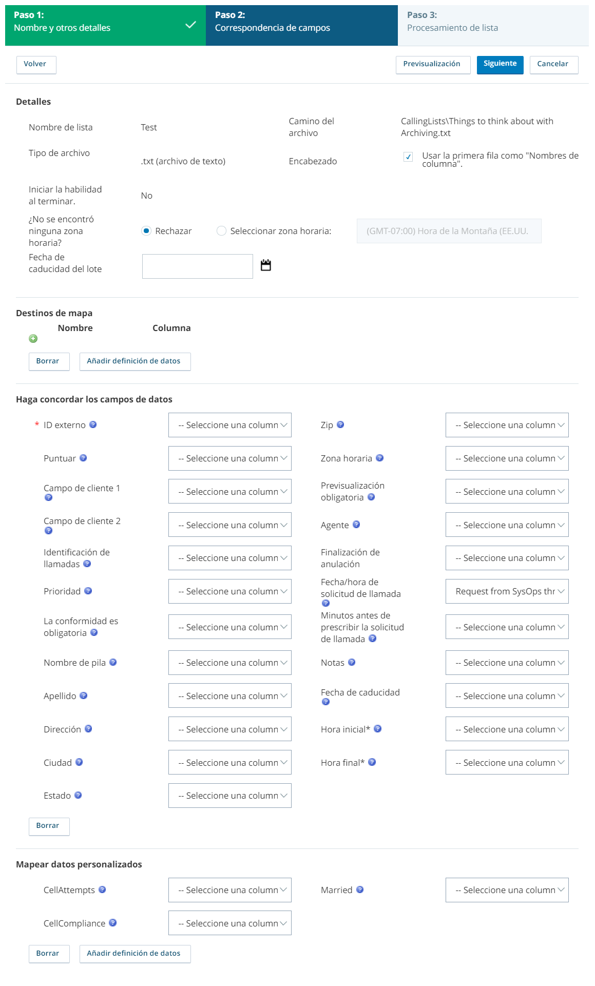 Captura de pantalla del mapeo del campo de carga de la lista de llamadas donde las horas de inicio y finalización de una lista de llamadas se asignan a sus campos correspondientes