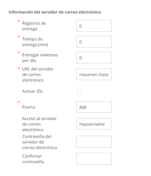 Captura de pantalla de la sección Configuración del servidor de correo electrónico de la pestaña de detalles de la unidad de negocio