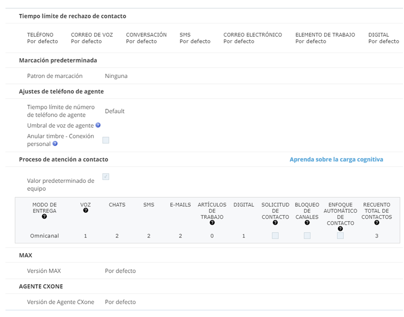 La pestaña Configuración de contacto de un usuario en un entorno donde entrega dinámica está activado.