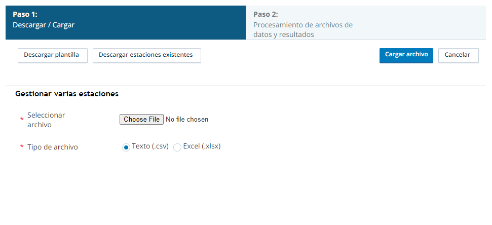 Imagen del formulario de carga masiva de la estación