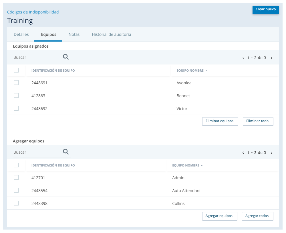 Imagen de la pestaña Equipos de la configuración de un código no disponible.