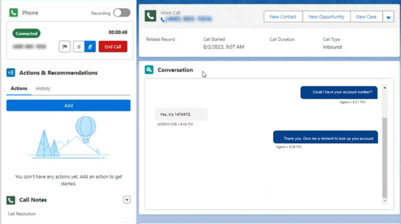 La ventana Conversación en Salesforce que muestra una conversación entrante entre el contacto y el agente.