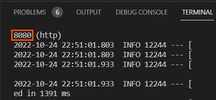 La salida de terminal para Java donde se observa que el puerto del terminar se está ejecutando, 8080 (http).