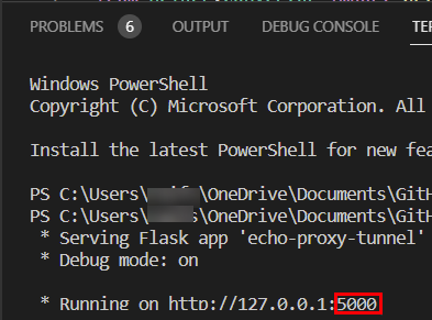 Un ejemplo de la salida al ejecutar el túnel de proxy en Python. El número de puerto en este ejemplo es 5000.