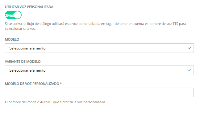 Al hacer clic en Utilizar TTS en la nube Cxone, aparece el campo Modelo de voz personalizado debajo del campo Variante de modelo.