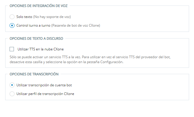 La página Voz en el asistente de configuración en Centro de Agente Virtual.