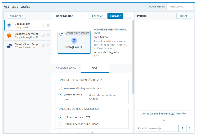 La página de propiedades de un bot en Centro de agente virtual de CXone mostrando el panel de prueba en el lado derecho de la página.