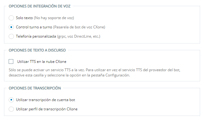 La página Voz en el asistente de configuración en Centro de Agente Virtual.