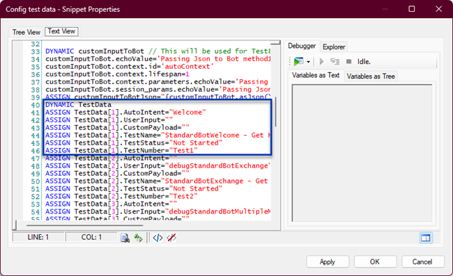 La ventana del editor de fragmentos donde se observa el fragmento de datos de prueba de configuración, con la primera parte de la definición del objeto DYNAMIC TestData rodeada por un rectángulo.