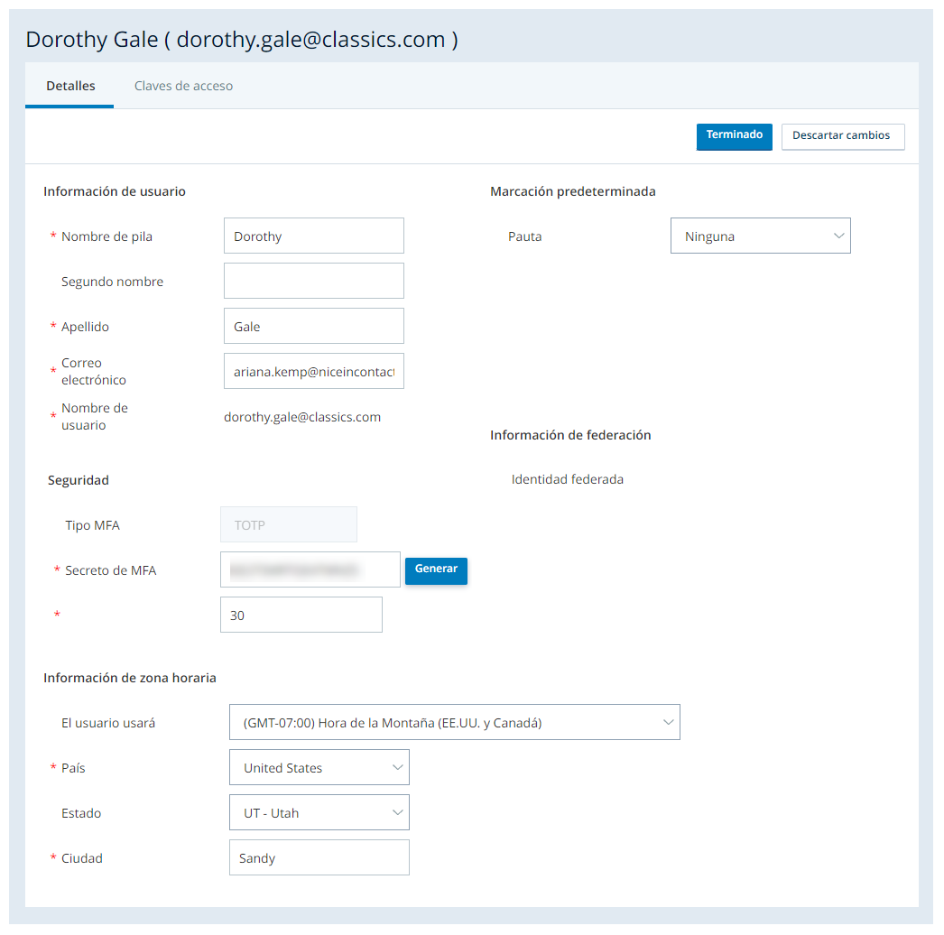 Ficha Detalles de configuración de la cuenta