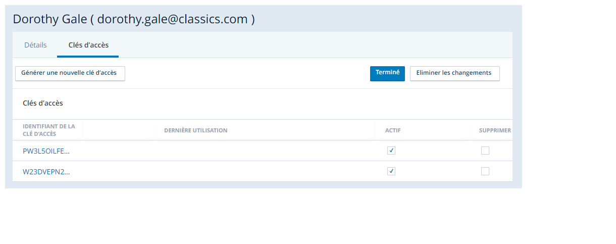 Pestaña Claves de acceso a la configuración de la cuenta