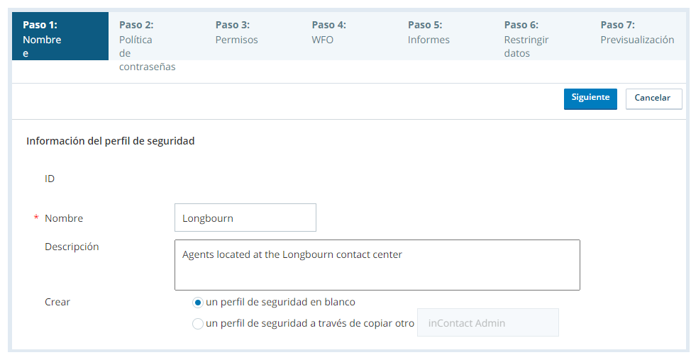 Captura de pantalla de la página Nombre e información de creación del perfil de seguridad, configurada para un perfil de seguridad en blanco