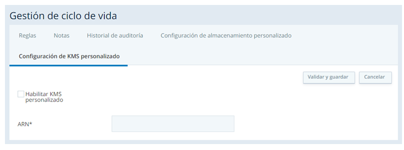 La pestaña Configuración de KMS personalizado dentro de Gestión del ciclo de vida, donde puede habilitar KMS personalizado.