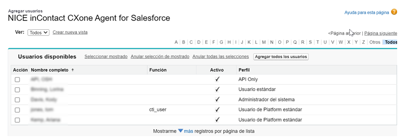 Lista de usuarios en Administrar licencias para NICE inContact CXone Salesforce Agent.