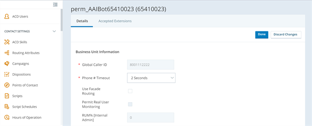 Página de configuración para editar los ajustes de la unidad de negocios