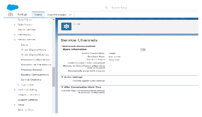 Muestra la configuración del canal de servicio para la aceptación automática