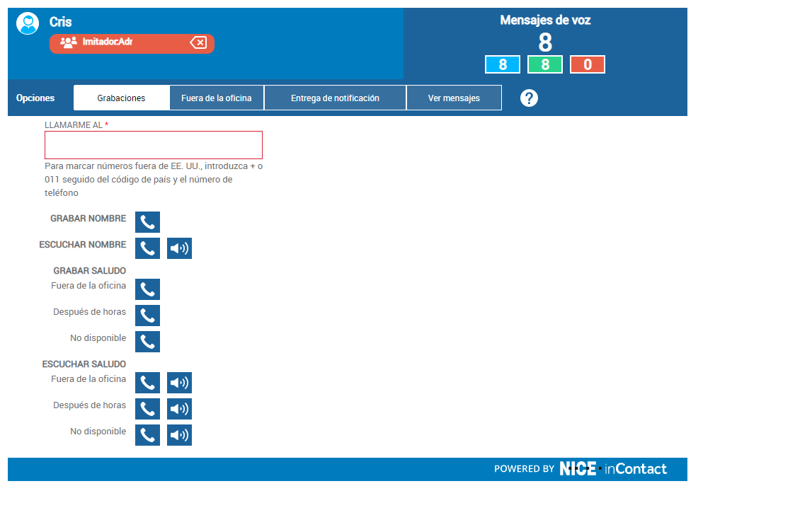 La CXone Attendant página que muestra el mensaje en la parte superior de que un administrador se está haciendo pasar por el usuario que inició sesión.