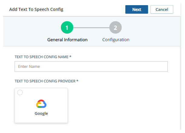 La página Agregar Configuración de texto a voz, donde puede agregar un nuevo proveedor de TTS.