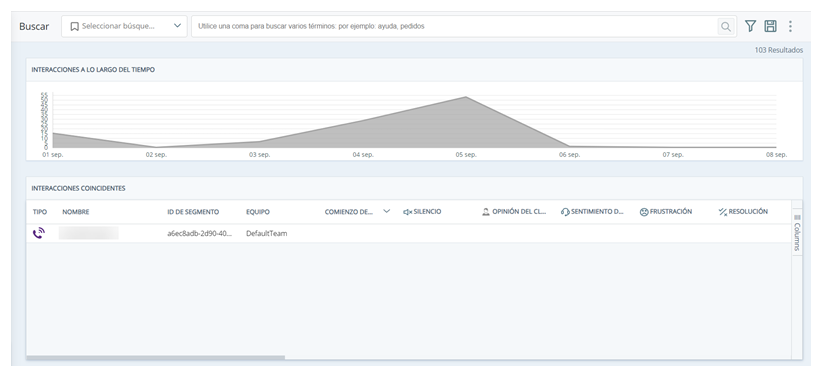 Página de búsqueda con barra de búsqueda, gráfico de interacciones en el tiempo, opciones de filtro y una tabla de interacciones coincidentes