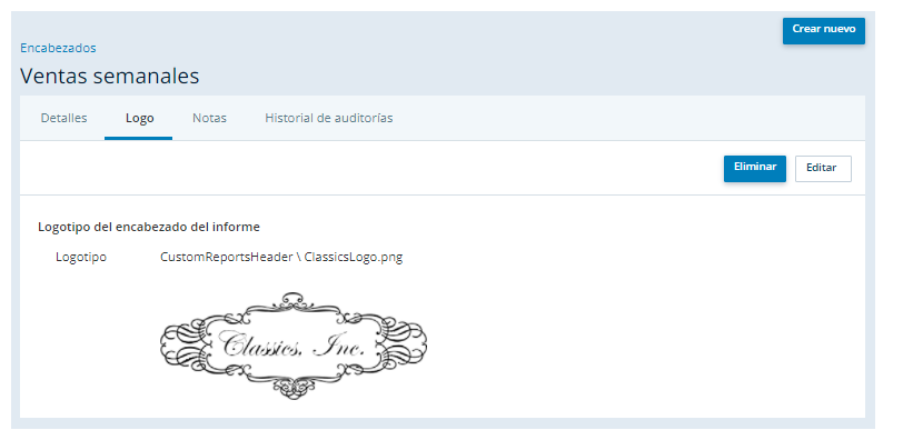 La página Encabezado de informe personalizado, que muestra la pestaña Logotipo, donde puede cambiar el logotipo que aparece en los encabezados personalizados.