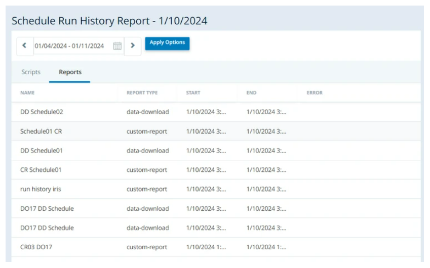 El informe Historial de ejecución de programaciones, abierto en la pestaña Informes. Tiene columnas para Nombre, Tipo de informe, Inicio, Fin y Error.