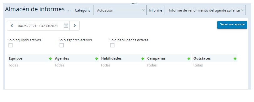El almacén de informes salientes, que muestra las opciones de filtrado para un informe seleccionado.