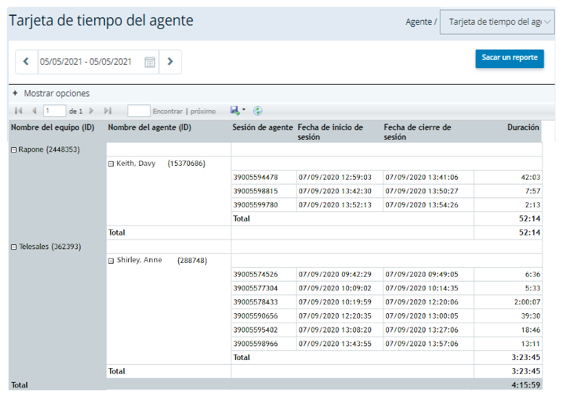 Un ejemplo del informe de Tarjeta de tiempo del agente.