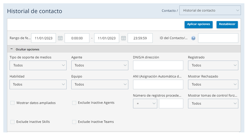 El informe del historial del contacto con Mostrar opciones expandida. Muestra los campos de Tipo de medio, Agente, Habilidad y Equipo, entre otros.