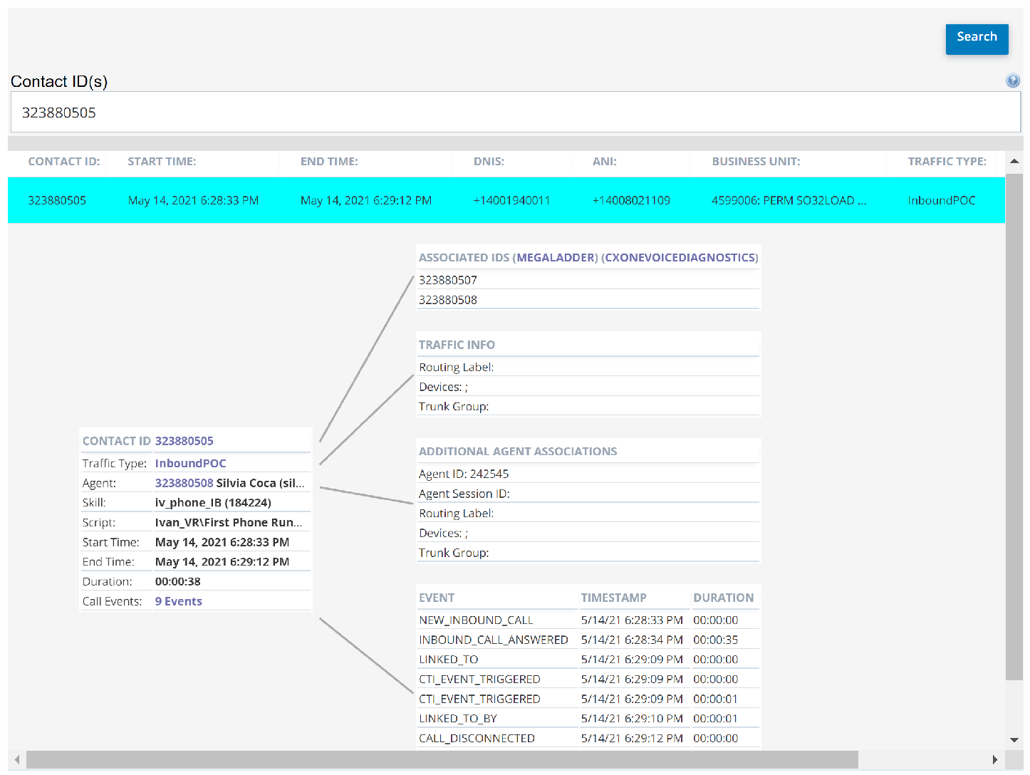 Captura de pantalla que muestra una tabla de información básica para una interacción y las tablas de información adicional que se derivan de la tabla básica