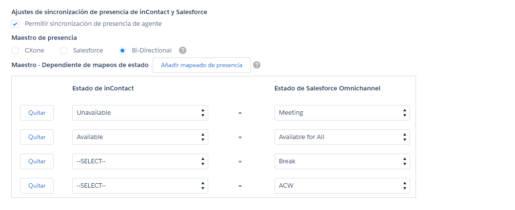 Configuración del agente de Salesforce, con estas secciones: CXone y Ajustes de sincronización de presencia de Salesforce, Maestro de presencia y Maestros - Asignaciones de estado dependientes.